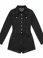 Long Sleeve Button Washed Denim Romper