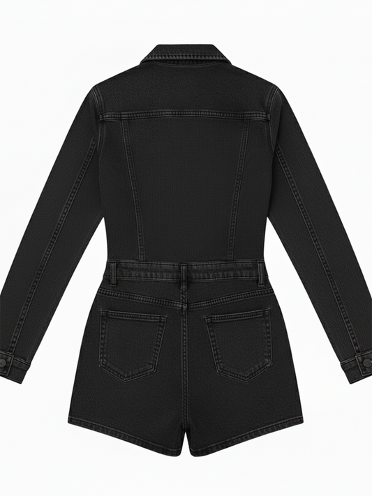 Long Sleeve Button Washed Denim Romper