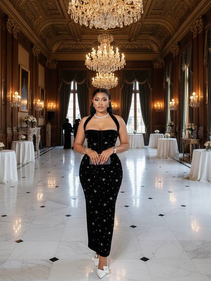 Halter Rhinestone Bead Maxi Dress