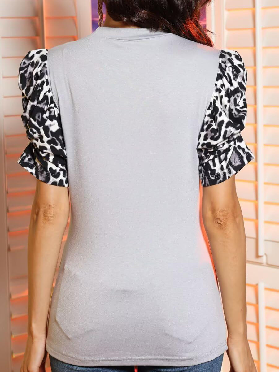 Leopard Print Patchwork Puff Sleeve Blouse