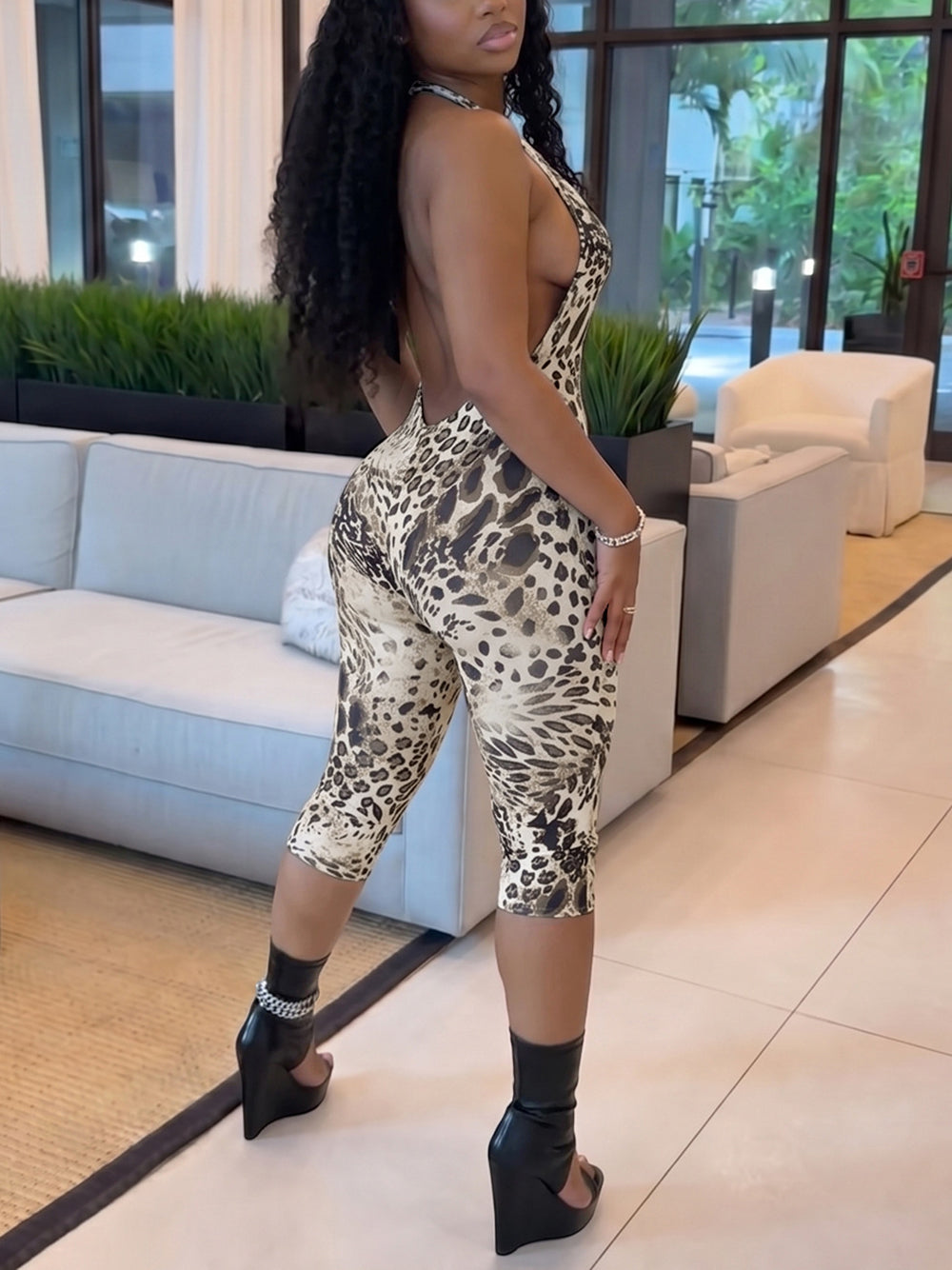 Leopard Halter Backless Romper