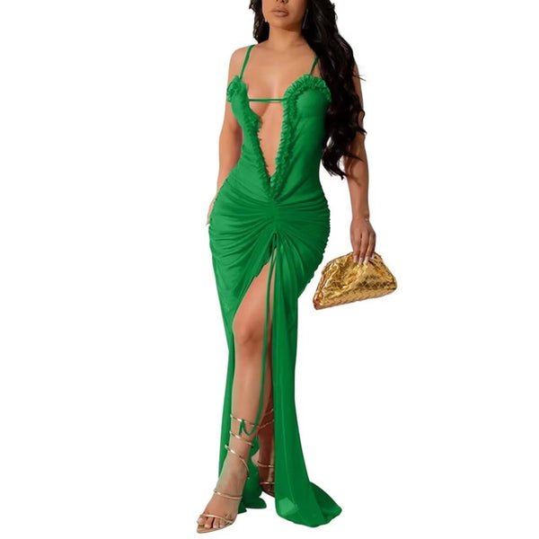 V Neck Ruched Slit Mesh Maxi Dress