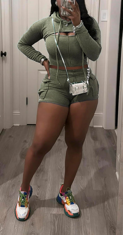 Three Piece Ribbed Hoodies Shorts Set
