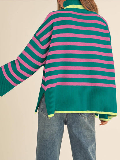 Long Sleeve Turtle Neck Striped Knit Top