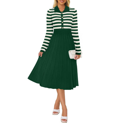 Striped Long Sleeve Button Ribbed Knit Dresses