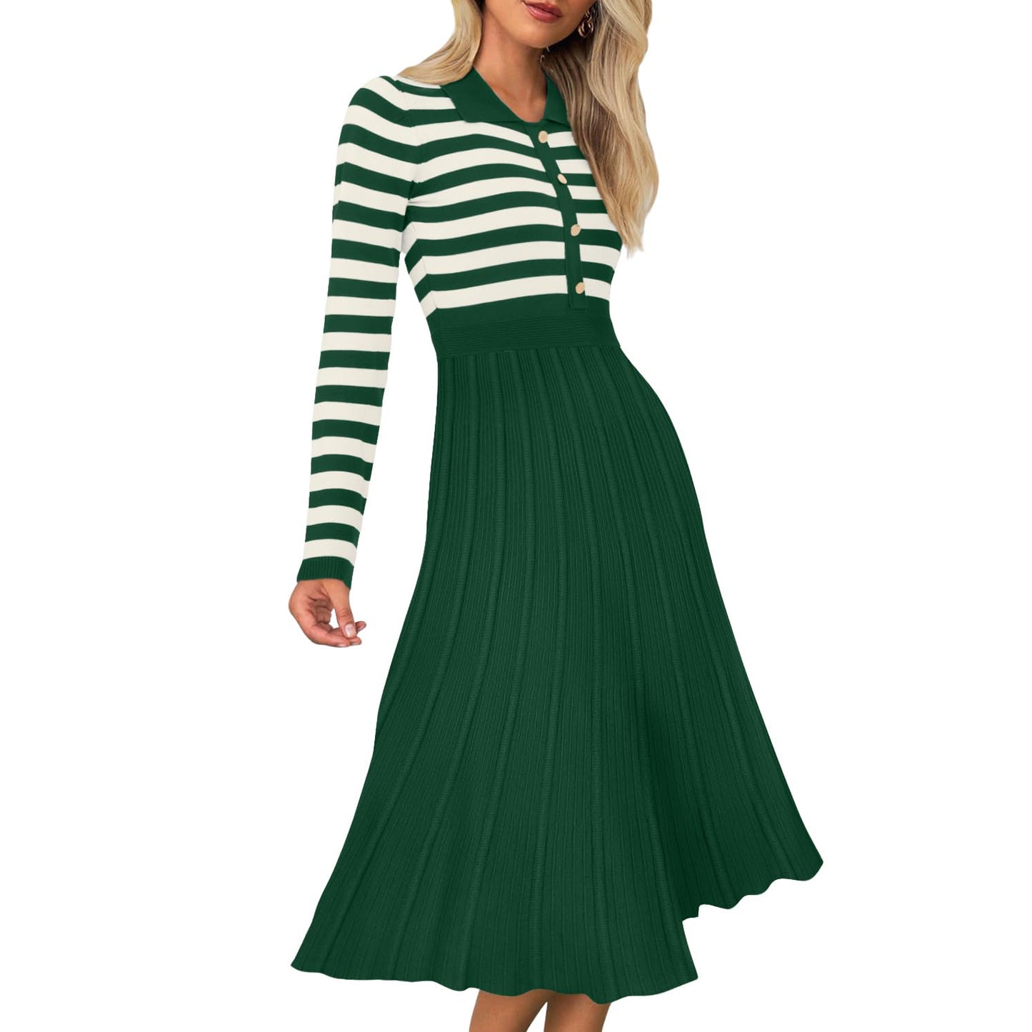 Striped Long Sleeve Button Ribbed Knit Dresses