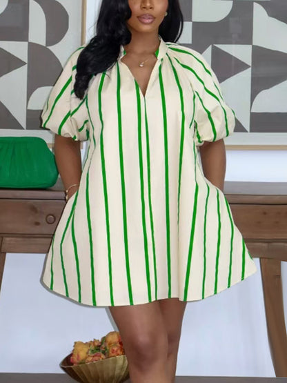 V Neck Stripe Puff Sleeve Mini Dress