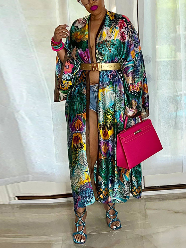 Cárdigan tipo pareo de playa con estampado floral de seda 