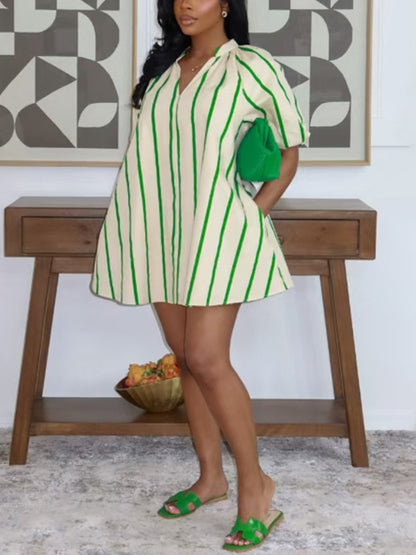 V Neck Stripe Puff Sleeve Mini Dress