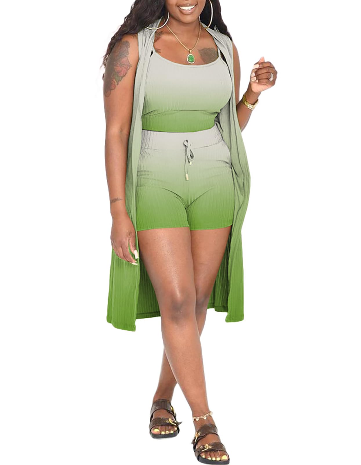 Three Piece Ribbed Sleeveless Cardigan & Bodycon Shorts