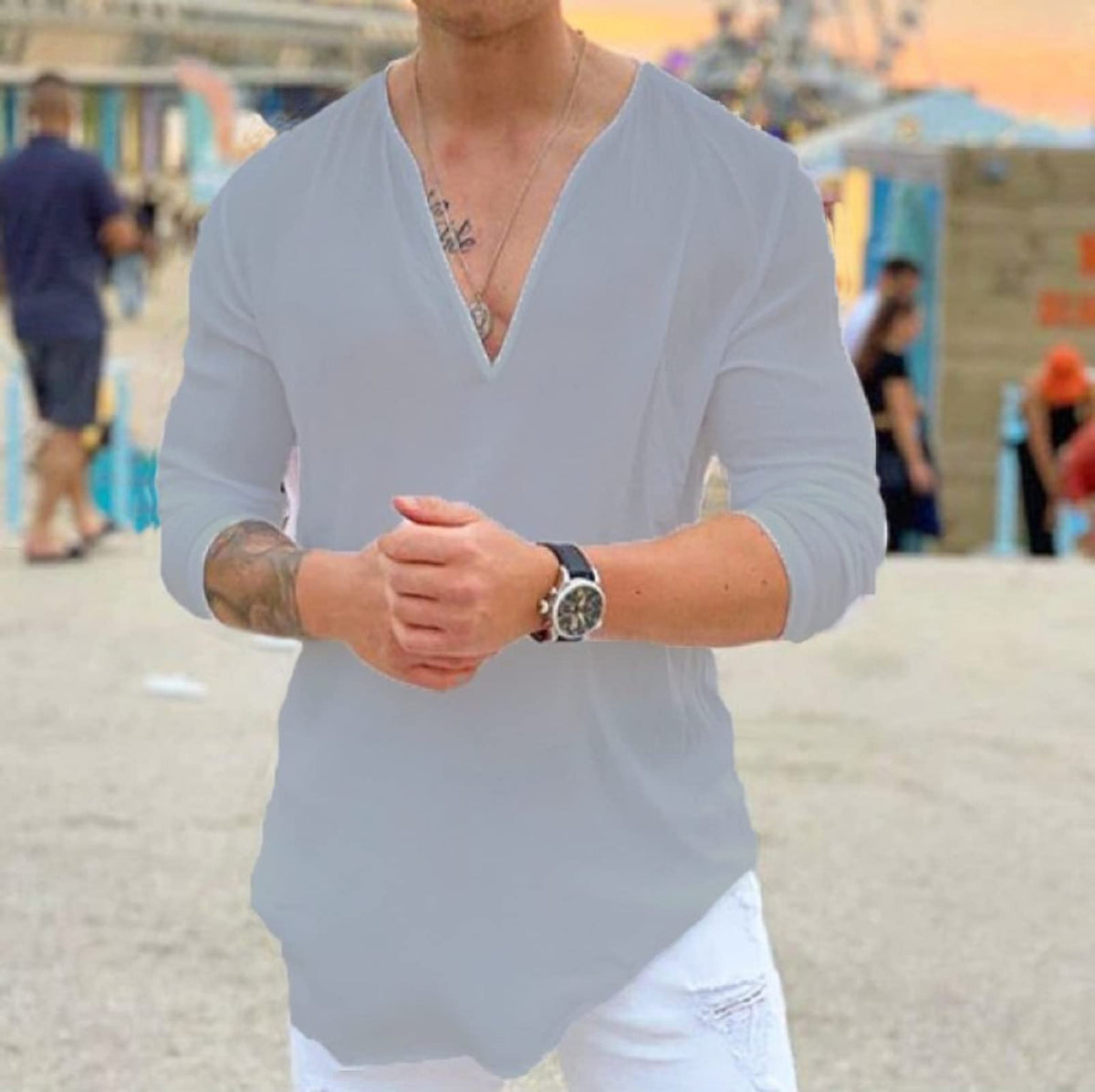 Mens Cotton Linen V-Neck Shirt