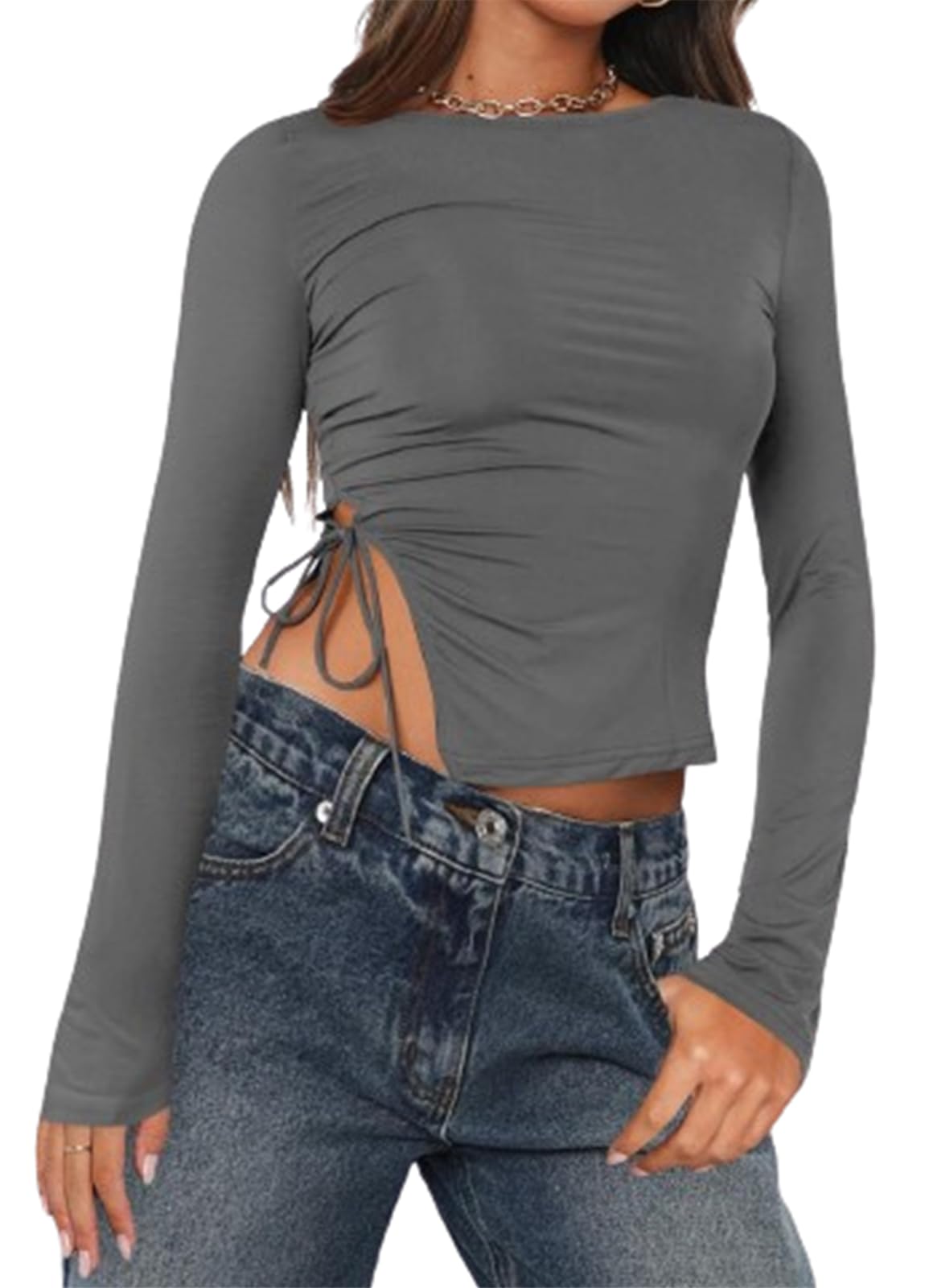 Long Sleeve Ruched Side Irregular Top
