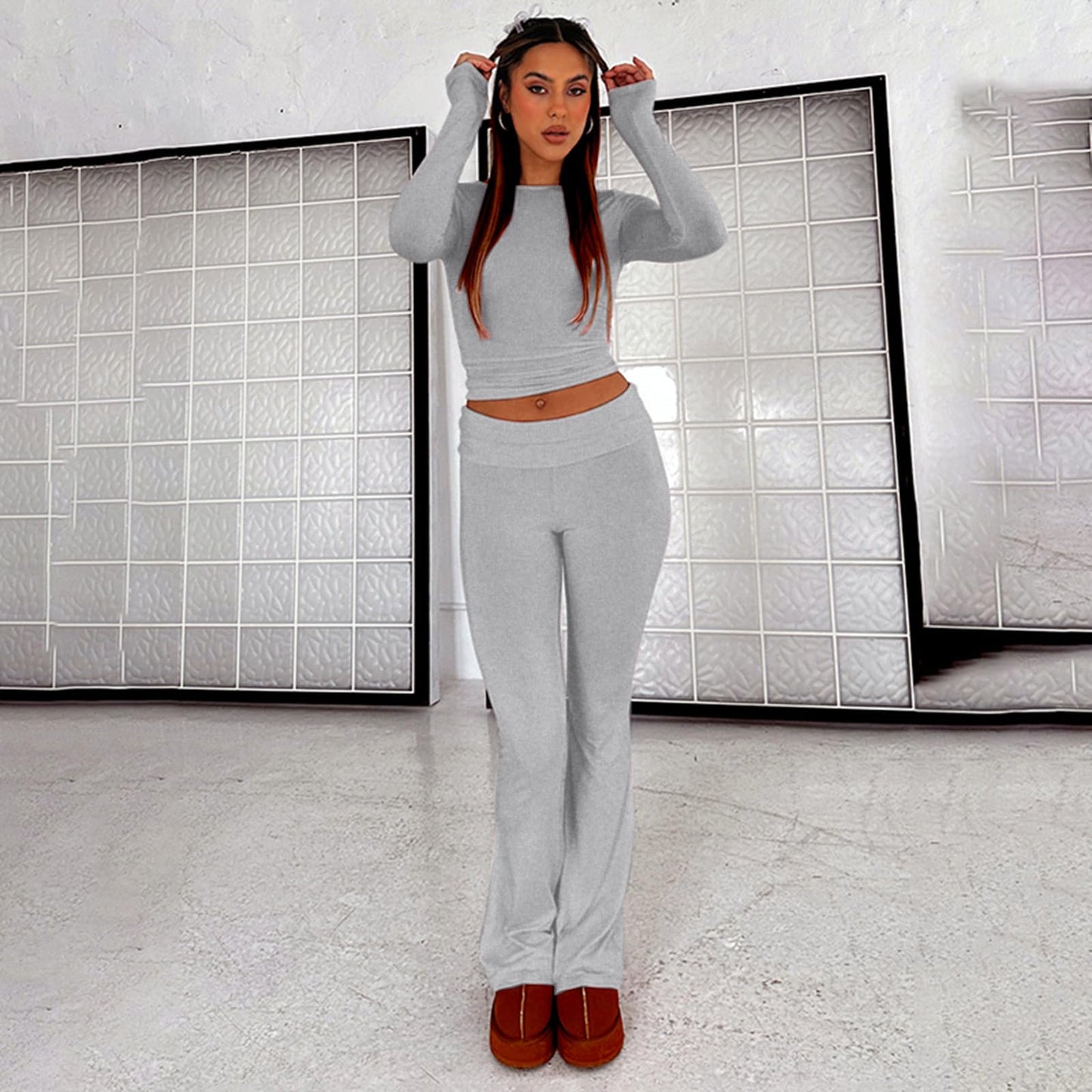 Two Piece Long Sleeve Tops Flare Leggings