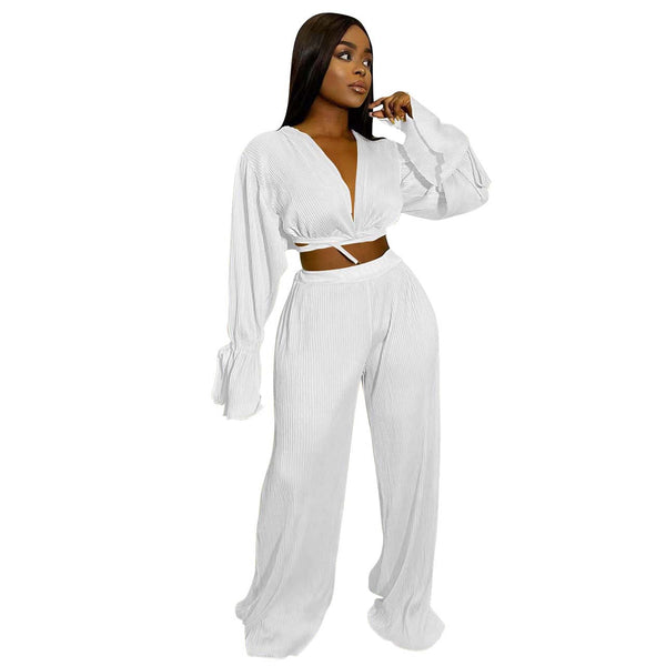 Two-Piece Flare Sleeve Self Tie Front Top Pant Sets
