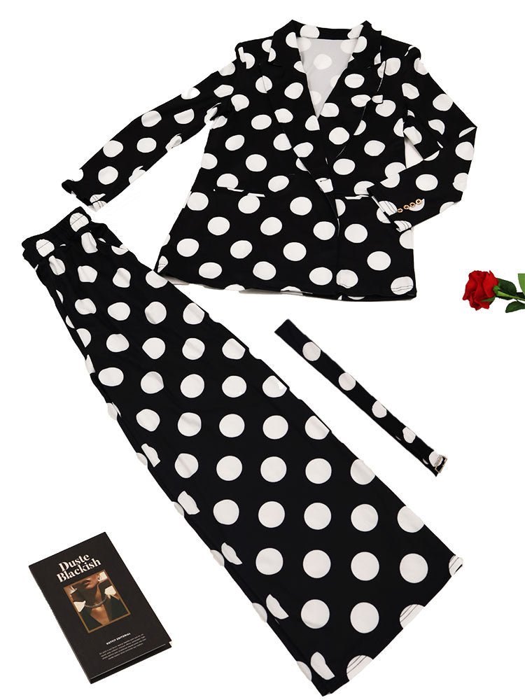 Two-Piece Polka Dot Print Pants Set with Belt