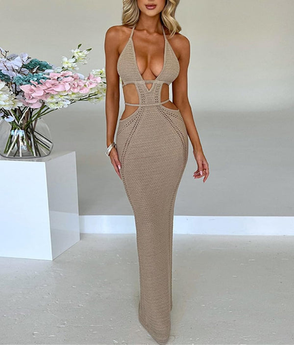 V Neck Bodycon Knitted Halter Maxi Dress