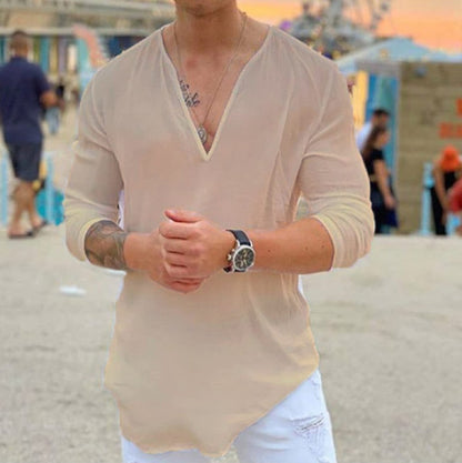 Mens Cotton Linen V-Neck Shirt