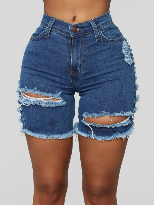 Distressed Elastic Ripped Knee Length Denim Shorts