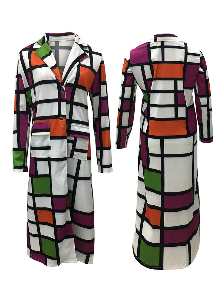Plus Size Plaid Colorful Print Double-Breasted Lapel Coat