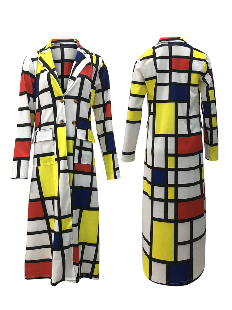 Plus Size Plaid Colorful Print Double-Breasted Lapel Coat