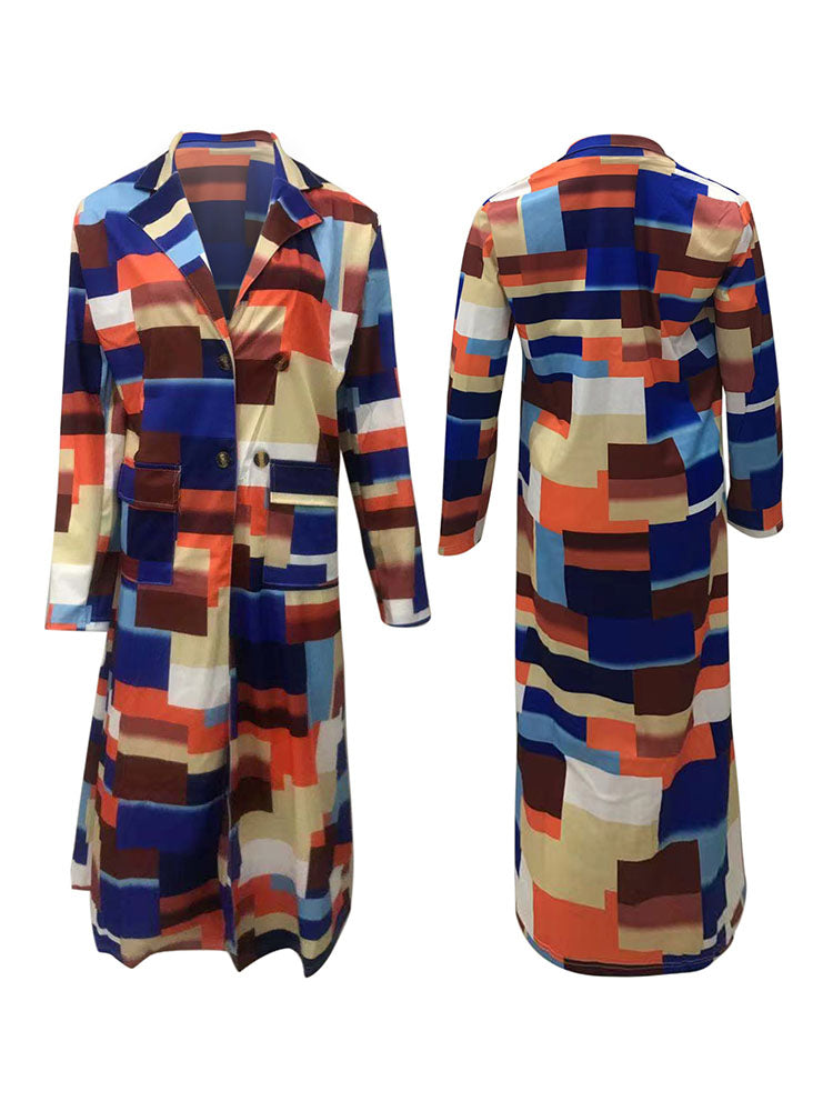 Plus Size Plaid Colorful Print Double-Breasted Lapel Coat
