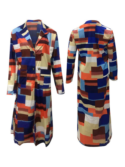 Plus Size Plaid Colorful Print Double-Breasted Lapel Coat