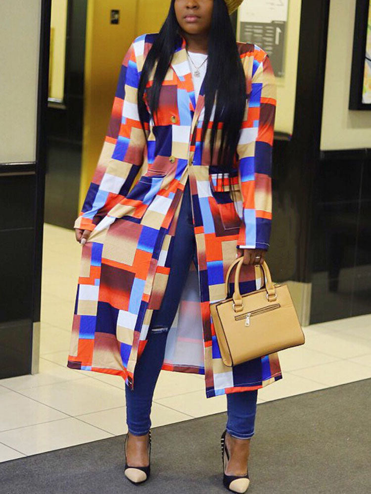 Plus Size Plaid Colorful Print Double-Breasted Lapel Coat