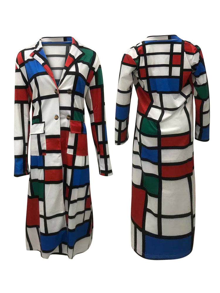 Plus Size Plaid Colorful Print Double-Breasted Lapel Coat