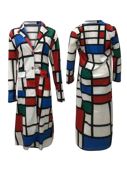 Plus Size Plaid Colorful Print Double-Breasted Lapel Coat