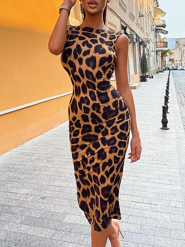 Leopard Print Sleeveless Backless Midi Dress
