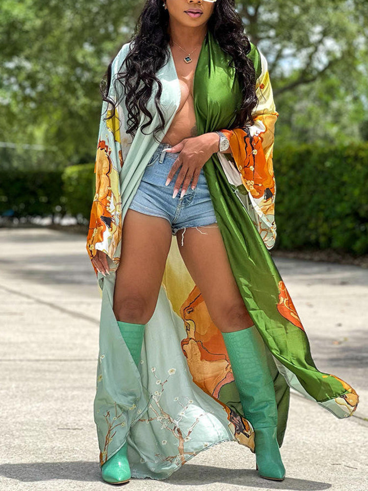 Cárdigan tipo pareo de playa con estampado floral de seda 