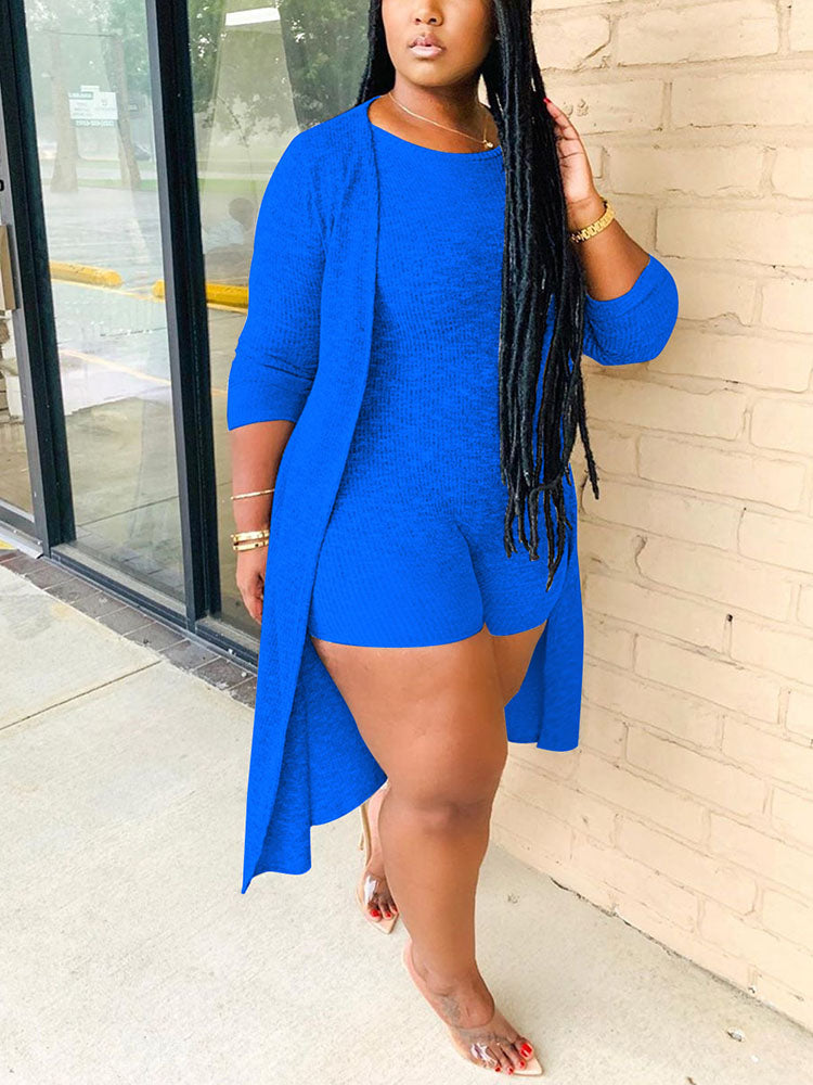 Two Pieces Solid Color Ribbed Jumpsuit Shorts Cardigan