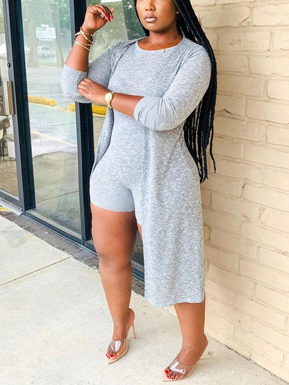 Two Pieces Solid Color Ribbed Jumpsuit Shorts Cardigan