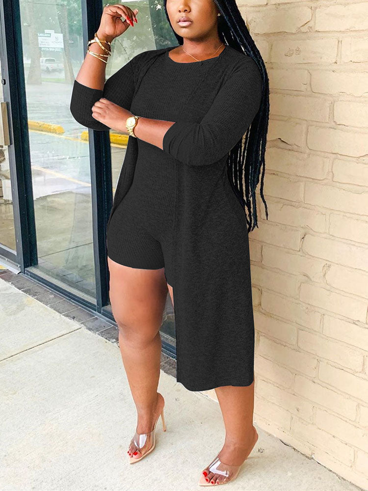 Two Pieces Solid Color Ribbed Jumpsuit Shorts Cardigan