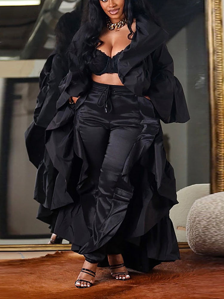 Solid Color Ruffle Trim Shawl Coat