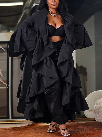 Solid Color Ruffle Trim Shawl Coat