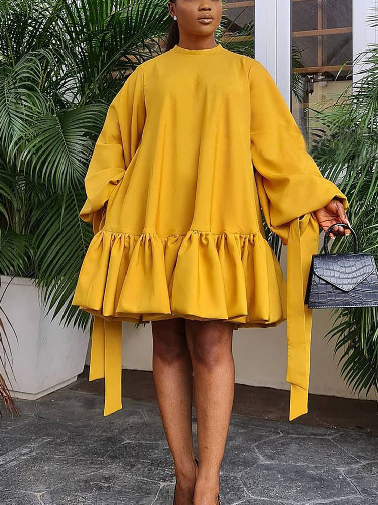 Vestidos elegantes de color liso con manga de burbuja 