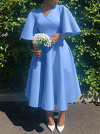 Solid Color Bell Sleeve V-Neck Flared Dress