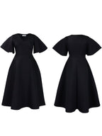 Solid Color Bell Sleeve V-Neck Flared Dress