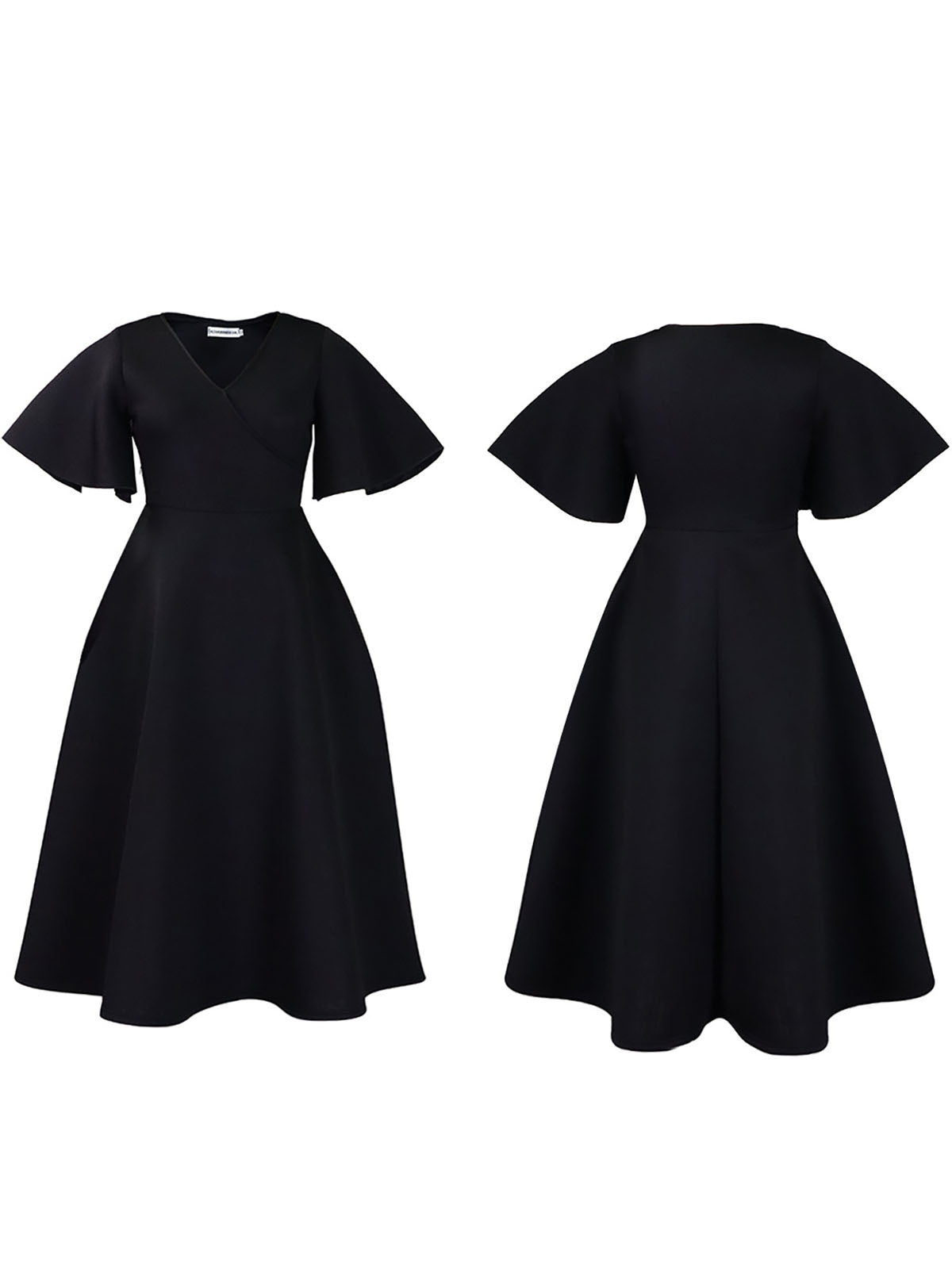 Solid Color Bell Sleeve V-Neck Flared Dress