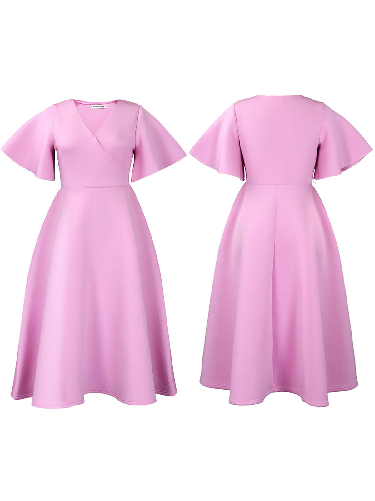 Solid Color Bell Sleeve V-Neck Flared Dress