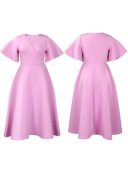 Solid Color Bell Sleeve V-Neck Flared Dress