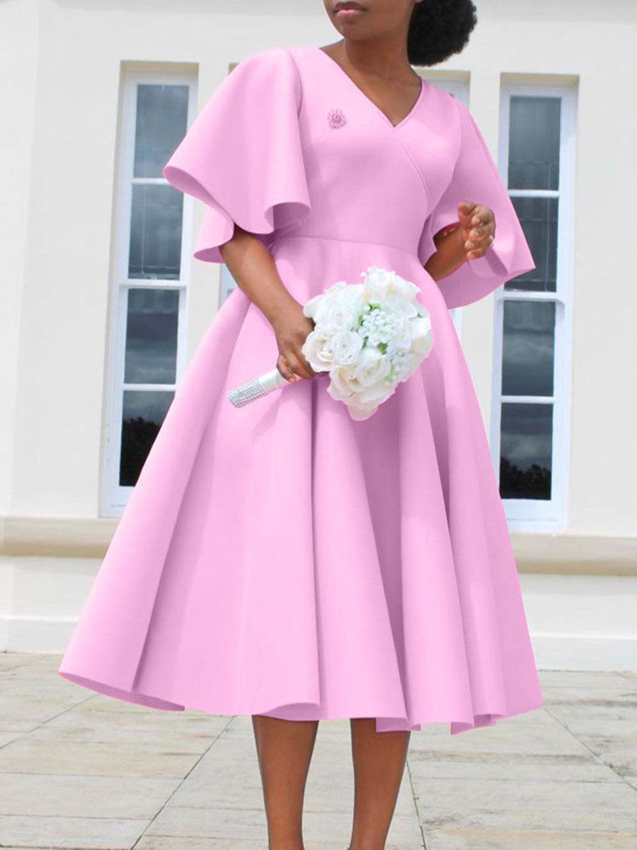 Solid Color Bell Sleeve V-Neck Flared Dress