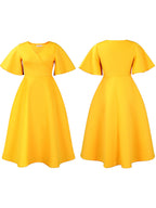 Solid Color Bell Sleeve V-Neck Flared Dress