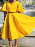 Solid Color Bell Sleeve V-Neck Flared Dress