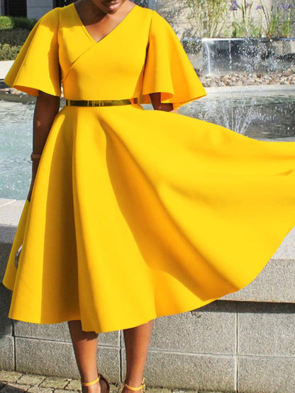Solid Color Bell Sleeve V-Neck Flared Dress