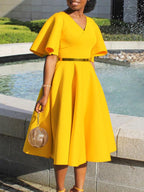 Solid Color Bell Sleeve V-Neck Flared Dress