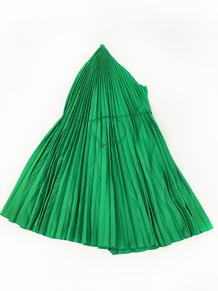 Vestidos midi con cinturón y vuelo plisados ​​de un hombro