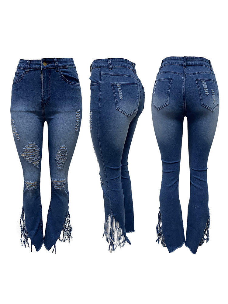 Distressed Zipper Fringe Washed Jeans