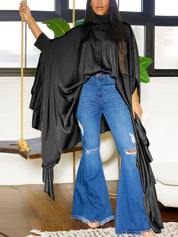 Blusa sedosa con botones y manga de murciélago holgada irregular 